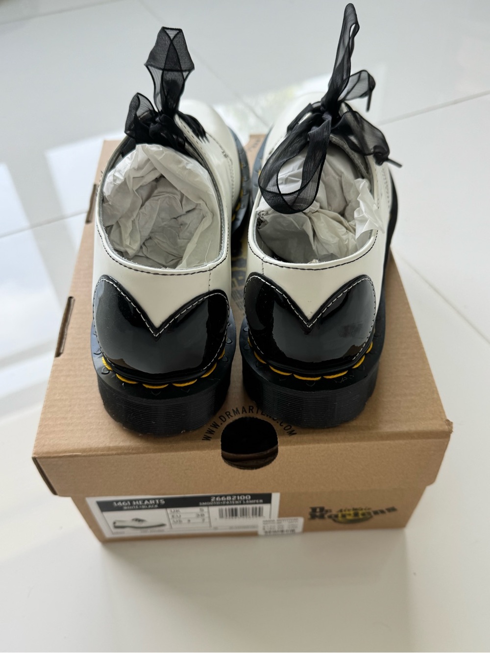 Dr. Martens Hearts White Lace-Up Shoes with Black Patent Heart Accent